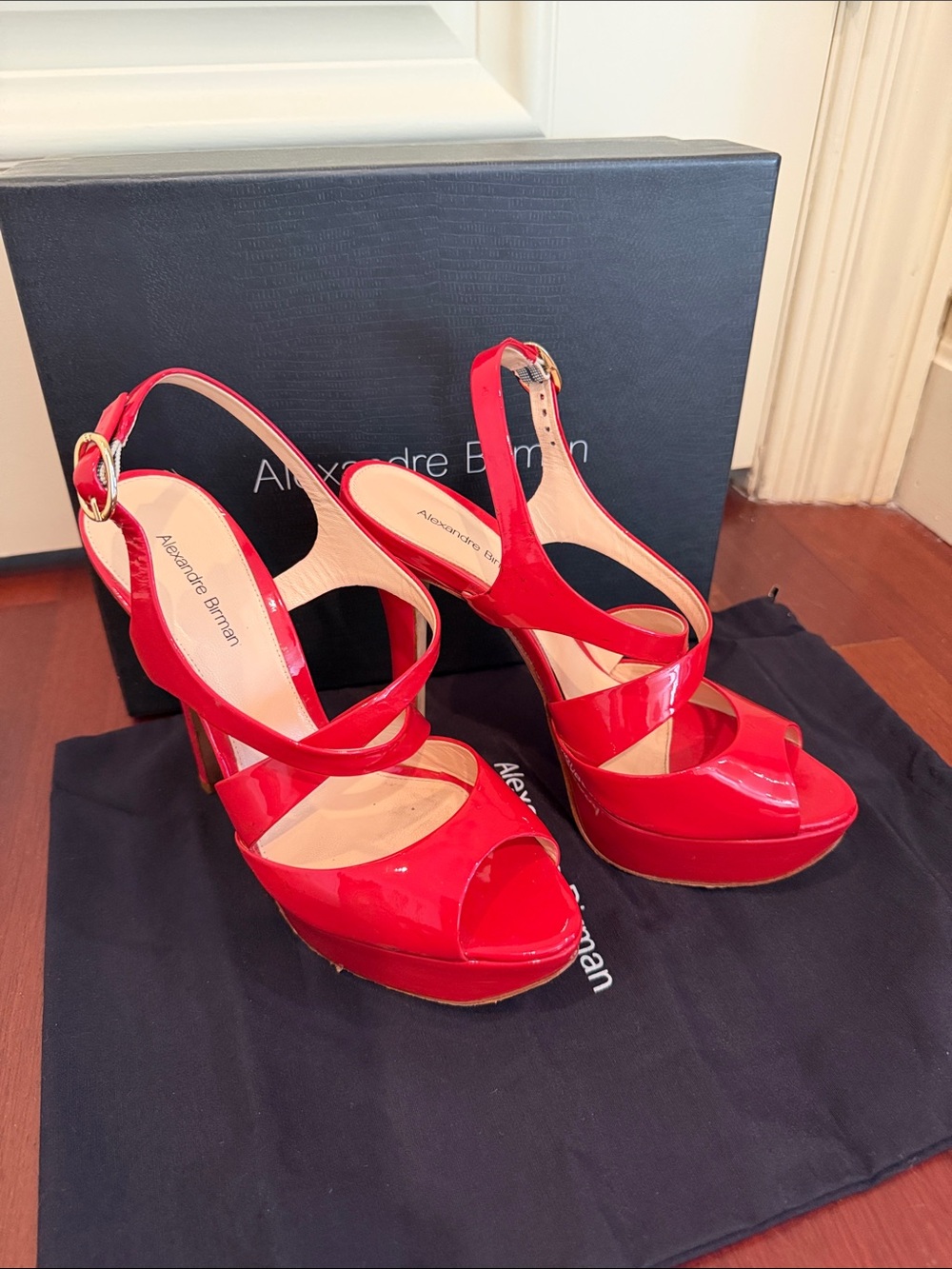 Alexandre Birman Red Patent Platform Peep-Toe Sandals